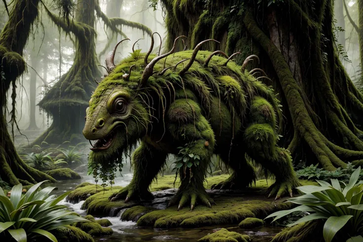 there is a green creature that is standing in the woods