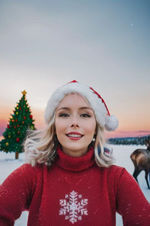 A stunning intricate full color portrait of (sks woman:1), (((platinum blonde, short wavy haircut, eye contact, looking at viewer))), ((wearing a baby blue turtleneck sweater, smiling, sexy, ski chalet, snow, sunset, golden hour, god rays, snowing, snow fl...