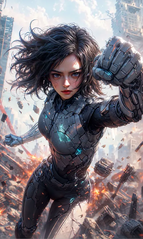 a close up of a woman in a futuristic suit with a gun