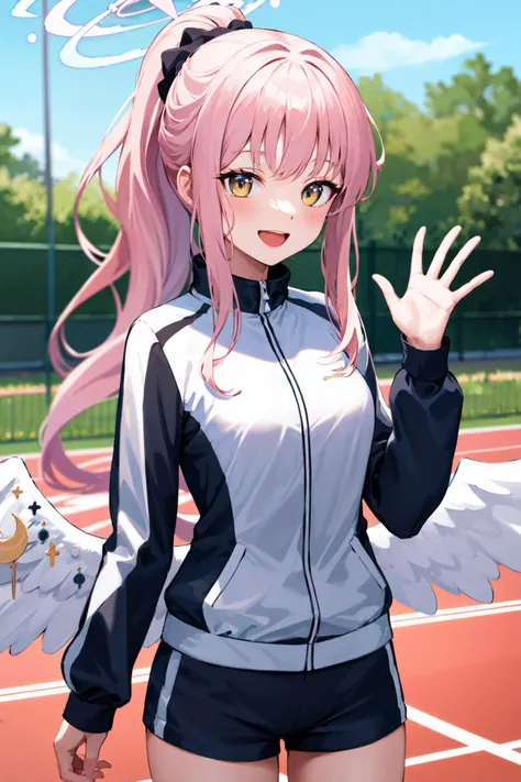 masterpiece, best quality, highres, ccmika, halo, long hair, ponytail, sidelocks, angel wings, white wings, low wings, crescent, track jacket, black jacket, long sleeves, short shorts, <lora:misono_mika_v1:0.7>, waving, smile, outdoors, open mouth,