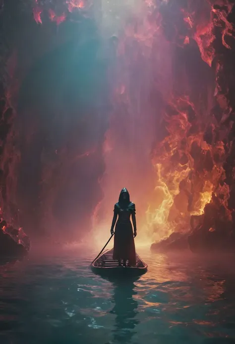 very dark focused flash photo, amazing quality, masterpiece, best quality, hyper detailed, ultra detailed, UHD, perfect anatomy, portrait, dof, hyper-realism, majestic, awesome, inspiring, Capture the eerie atmosphere as female busty Styx awaits on a raft ...