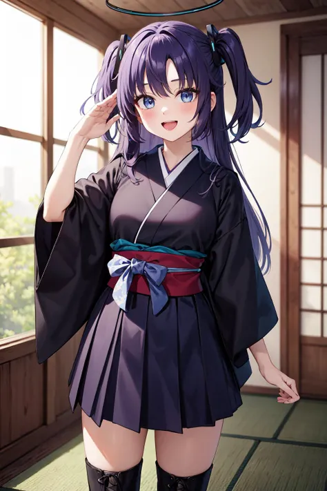 masterpiece,best quality,highres,ultra-detailed,aayuuka,halo,blue eyes,purple hair,long hair,two side up,bangs,<lora:yuuka_(blue_archive):0.8>,meiji schoolgirl uniform,hakama,hakama skirt,japanese clothes,kimono,cross-laced footwear,lace-up boots,floral pr...