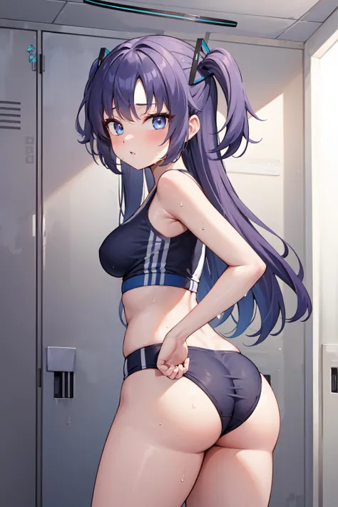 masterpiece, best quality, ultra-detailed, extremely detailed,illustration, from behind, ass, 1girl, solo, aayuuka,halo,blue eyes,purple hair,long hair,two side up,bangs, sports bra, buruma, highleg, medium breasts, thick thighs, blush, parted lips, wet, l...