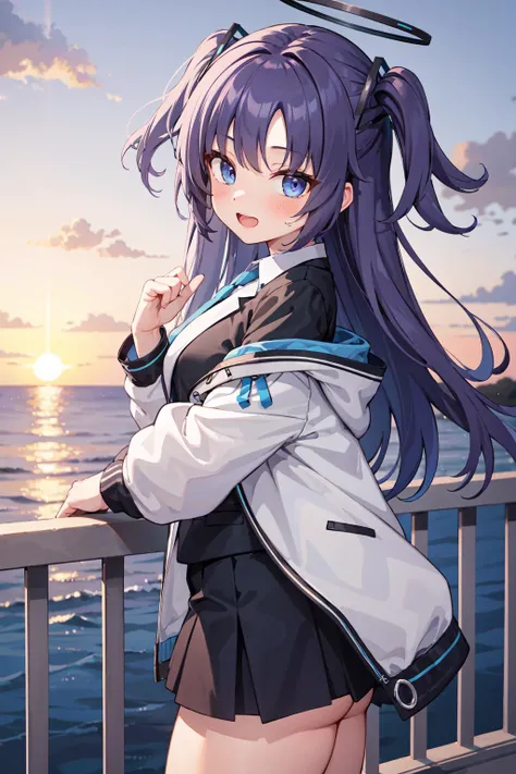 masterpiece, best quality, ultra-detailed, extremely detailed,illustration, from side, 1girl, solo, aayuuka,halo,blue eyes,purple hair,long hair,two side up,bangs,(white jacket:1.2),blue necktie,black jacket,collared shirt,id card,belt,black skirt, medium ...