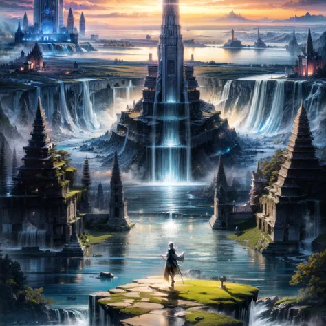 (a sweeping epic landscape shot of the elemental plane of water: 1.1), (with a gigantic temple standing in the middle of a lake: 1.1), (with many waterfalls pouring down from the surrounding mountains: 1.1), <lora:Epic Landscapes:0.75>, epic landscapes, ve...