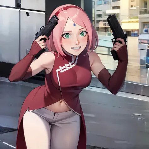 anime girl with pink hair holding two guns in her hands