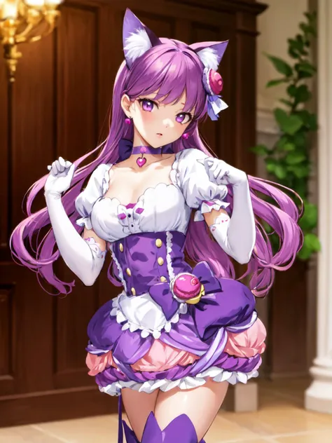 a woman in a purple dress and white cat ears is posing