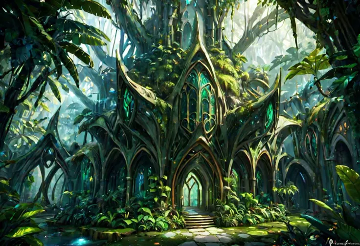 a picture taken from the inside of a fantasy forest with a doorway