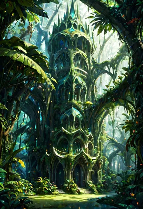 a very tall building surrounded by trees in a jungle