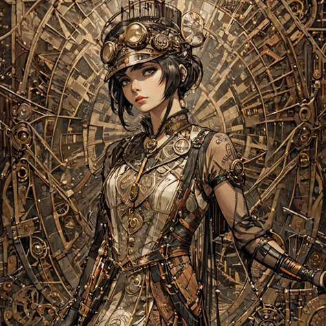 a close up of a woman in a steam punk outfit