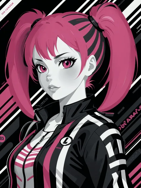 poster by tom whalen, digital art, upper body photo of a sexy girl with pink twintails hair, dressed in striped techwear jacket and leggins, black and white <lora:Tom_Whalen_SDXL:1>