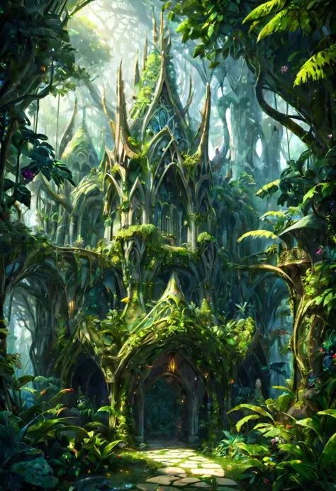 a fantasy forest with a gate and a lot of trees