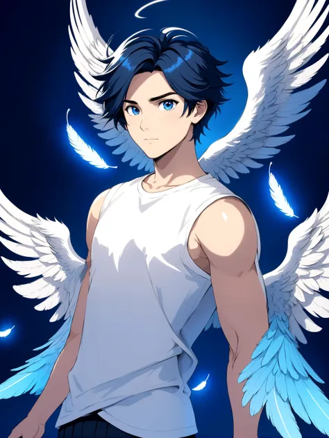 a man with blue hair and white shirt with wings on his chest