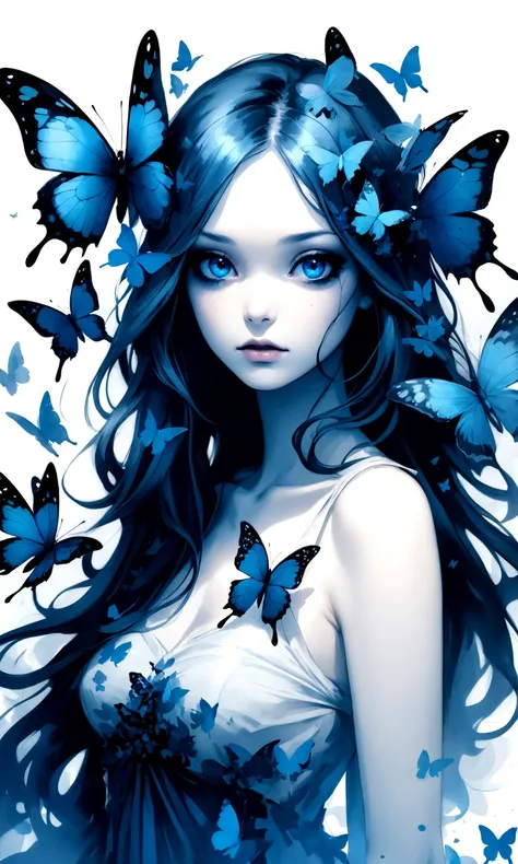 Create an exquisite ink painting on white paper thats the perfect piece of multiple exposure art. This piece should combine the volume-shaded silhouette of a long-haired butterfly  girl with butterflies in a gothic style, photo, cinematic, dark fantasy, ty...