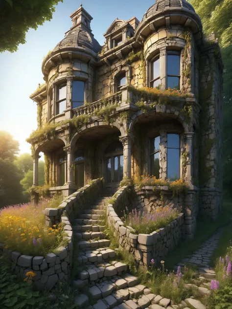 An abandoned Victorian mansion overtaken by nature, with mad-efeu climbing its crumbling walls made of mad-rubble and wildflowers blooming through the cracks of an ancient cobblestone path. The setting sun casts a golden hue over the scene, highlighting th...