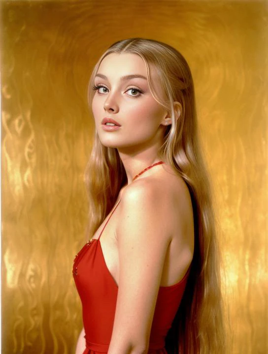 (absurdres, masterpiece, biggest quality) Analog photo of BARBARABOUCHET with a long red dress, trending in arstation, 4k, intrincate, detailed skin pores, detailed facem dranatic light, volumetric light, gustav klimt background, golden ratio composition, ...