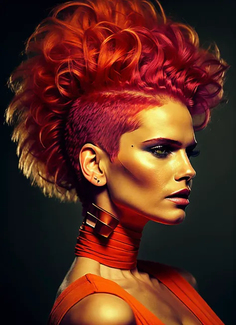 portrait of sks woman by Flora Borsi, style by Flora Borsi, bold, bright colours, orange Mohawk haircut, ((Flora Borsi)), <lora:locon_kasiafigura_v1_from_v1_64_32:1.4>