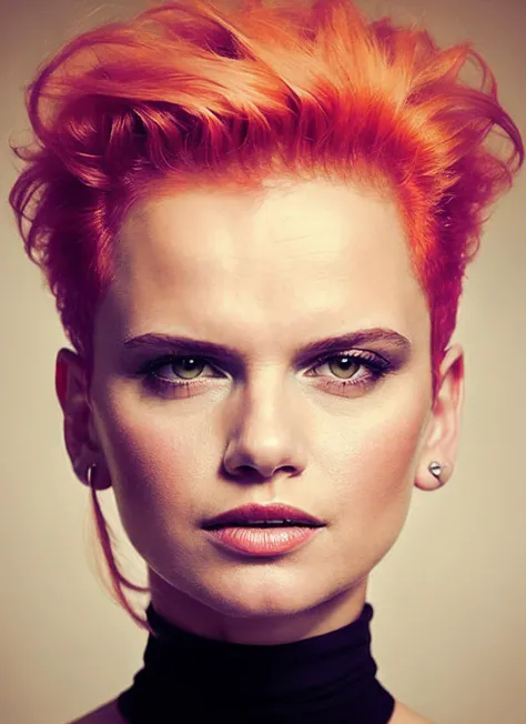 portrait of sks woman by Flora Borsi, style by Flora Borsi, bold, bright colours, orange Mohawk haircut, ((Flora Borsi)), <lora:locon_kasiafigura_v1_from_v1_64_32:1.4>