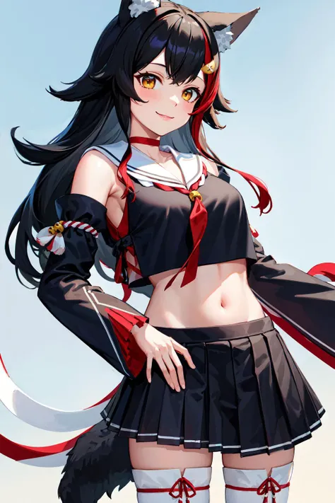 masterpiece, best quality, highres, miosha1, hair ornament, wolf tail, red choker, black shirt, sailor collar, detached sleeves, black skirt, pleated skirt, white thighhighs, midriff, bell, rope, <lora:ookami_mio_v1:0.8>, cowboy shot, standing, outdoors, s...