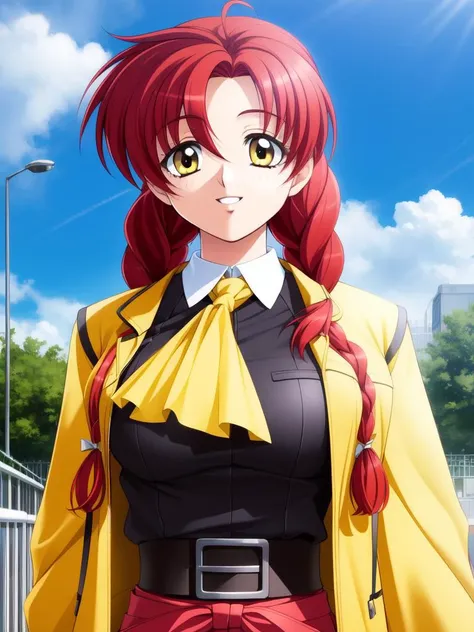 <lora:Makino_Rie:0.8>,  MakinoRie, 1girl, solo, braid, red hair, long hair, yellow eyes,  twin braids, belt, smile, ascot, ribbon, hair ribbon, large_breasts, jacket, outdoor, hospital, sky,
masterpiece, high quality, very_high_resolution, large_filesize, ...