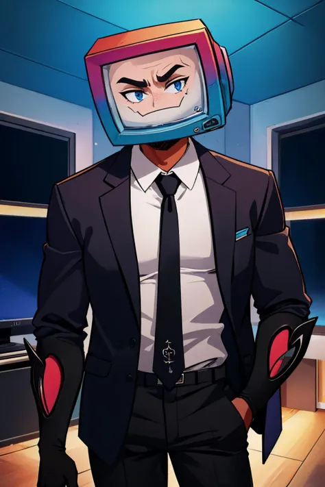 a close up of a person in a suit and tie with a tv on his head