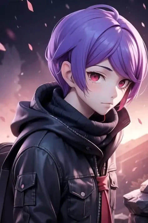 masterpiece, best quality, illustration, 1boy, solo, male focus, looking at viewer, , depth of field, , , <lora:shuu_tsukiyama:0.68>, shuu_tsukiyama, purple hair, black sclera, red eyes, , The Valley of the Lost,