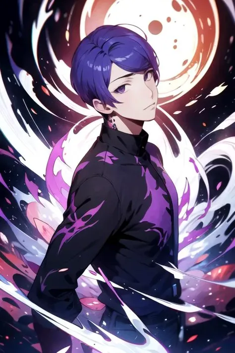 masterpiece, best quality, illustration, 1boy, solo, male focus, looking at viewer, upper body, , ligne claire, , <lora:shuu_tsukiyama:0.66>, shuu_tsukiyama, purple hair, purple eyes, , Wormhole, High definition