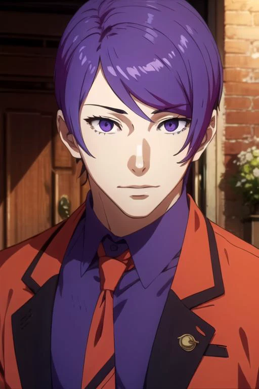 masterpiece, best quality, photorealistic, 1boy, solo, male focus, looking at viewer, upper body, depth of field, anime coloring, , <lora:shuu_tsukiyama:0.70>, shuu_tsukiyama, purple hair, purple eyes, , dieselpunk,