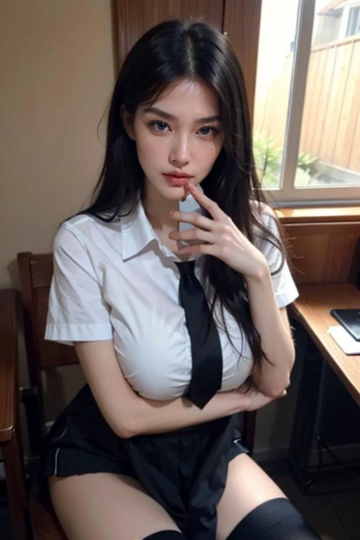 ((1girl, black hair, black legwear, blurry, cellphone, cellphone picture, chair, holding, holding phone, long hair, looking at phone, no shoes, phone, reflection, school uniform, selfie, shirt, short sleeves, sitting, skirt, smartphone, solo, taking pictur...