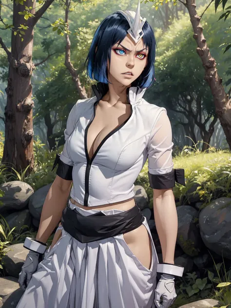 a close up of a person with blue hair and a white shirt