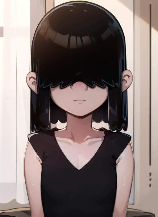 a beautiful picture of lucy loud, masterpiece, photorealistic, detailed, 4k, HDR, backlighting, bloom, light, RAW color photo, smooth skin, black hair, hair over eyes, detailed face, black dress, <lora:lucy_loud1-10:0.8>