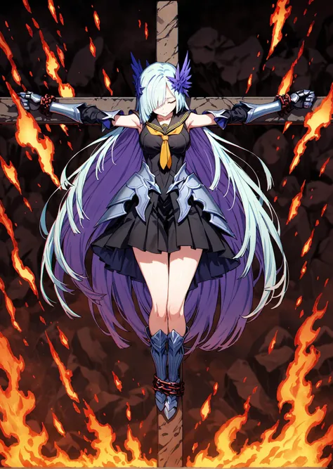 a woman in a black dress and a sword standing in front of a fire