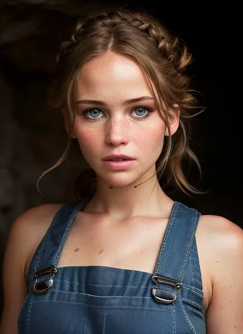 portrait of skswoman, flustered , wearing overalls , with Choppy layers , background cave epic (photo, studio lighting, hard light, sony a7, 50 mm, matte skin, pores, colors, hyperdetailed, hyperrealistic), <lyco:Jennifer Lawrence:1.0>