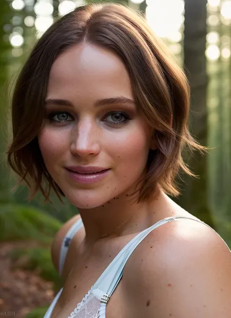 portrait of skswoman, smile , wearing intimates , with French bob , background forest epic (photo, studio lighting, hard light, sony a7, 50 mm, matte skin, pores, colors, hyperdetailed, hyperrealistic), <lyco:Jennifer Lawrence:1.0>