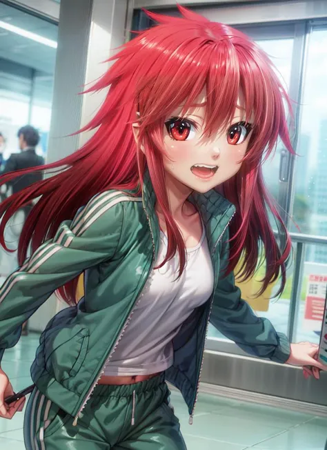 anime girl with red hair and green jacket walking in an airport