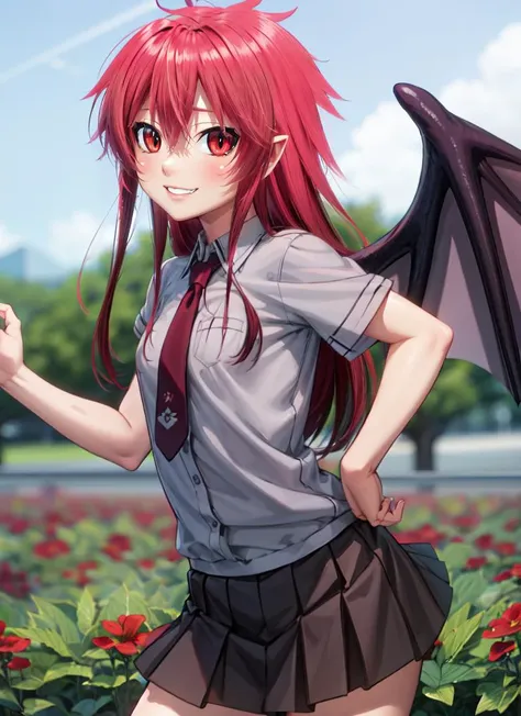 anime girl with red hair and a gray shirt and skirt