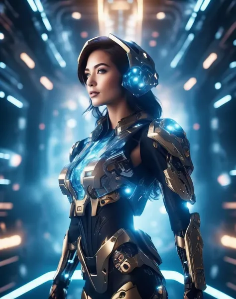 an award winning photograph of a beautiful woman, halo, intricate cyberpunk robot, highly detailed, soft bokeh Deep space nebula background, art by mooncryptowow and popular science