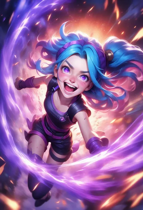 ((jinx (league of legends))),((best quality)), ((masterpiece)), (detailed), masterpiece,high quality,best quality,4k,super detailed,4k,focus sharp, blue hair, (glowing) purple eyes,1girl,full body,purple shorts,mid air,crazy expression,crazy face, crazy ey...