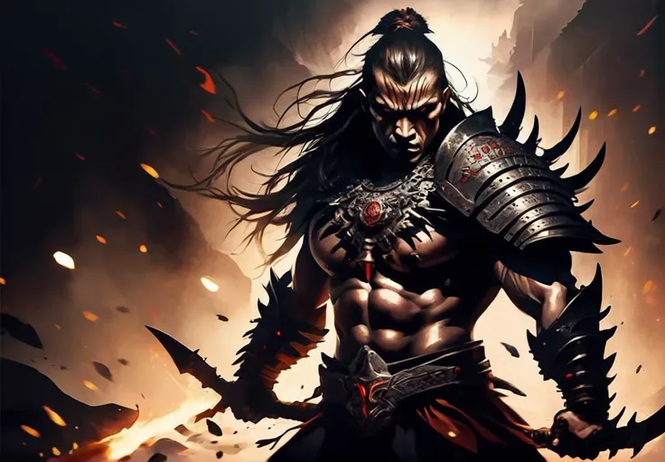 (masterpiece, best quality), myssterious
(brutal warrior) intricate armor, intricate weapon, dark tones palette, battlefield in background::4 militant pose :: portrait::-2 rage, anger, power, emotional, epic composition, tribal darkfantasy, dramatic shadow...