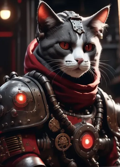 cat in power armor-hoodie adeptus mechanicus, eyepieces, finely detailed armor, looking away, encrusted with skulls, black and red, warhammer 40k, dark tones, blacksmith shop in the background, sparks, cinematic lighting, hyper realistic, mysterious