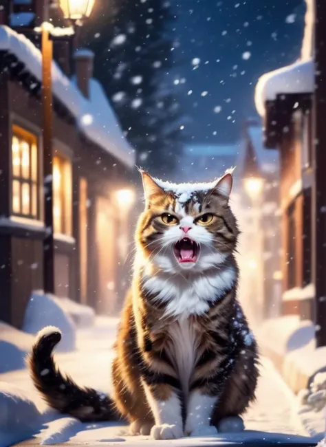 (masterpiece,best quality:1.5), glamour shot of an angry cat in the middle of a snow covered village street, masterpiece, best quality, an angry cat, winter, night, heavy snowfall, snowstorm
, mysterious