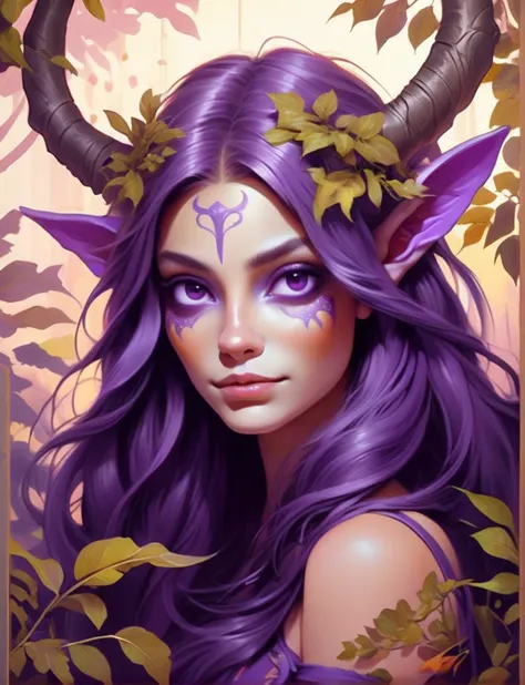 (masterpiece,best quality:1.5),Purple demonelven by edgar aleuez, in the style of kawaii art, warm color palette, detailed foliage, brushwork exploration, vibrant illustrations, split toning, fawncore, eyes detail
, mysterious