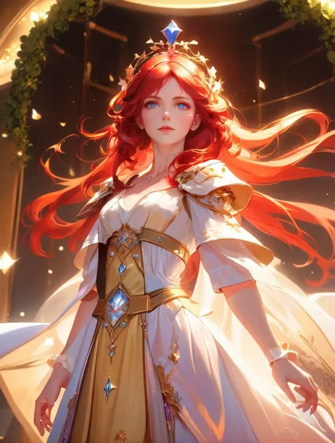 (masterpiece, best quality), anime, anime style, illustration,  , of a female, dressed as a Enchanter, with red hair, with a female , wearing a tiara, dutch angle, stood, concept art, cinematic, volumetric lighting, highly detailed, 8k