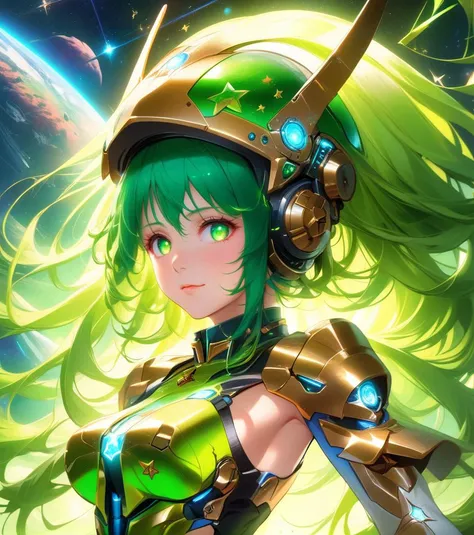 anime, anime style, illustration, (colorful), cinematic lighting, extremely detailed CG unity 8k wallpaper, anime, 1girl, covered nipples, upper body, high heels, helmet, small space ships, stars, green gas,(insanely detailed, beautiful detailed face, mast...