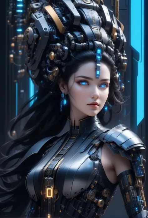 (masterpiece, best quality), ancient queen, empress, cyborg style, 1girl, solo, black hair, blue eyes, cable, mechanical parts, spine, android, cyborg, science fiction, simple background, black background, mysterious, fantasy, cyberpunk
 <lora:cyborg_style...