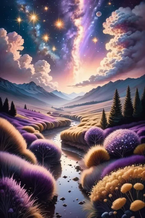 (Rough Professional 3D rendering:1.3) of (Illustration:1.3) ((A landscape situated at the edge of the universe, with vast emptiness and star clusters. The color palette features deep blacks, dark purples, and distant glimmers of white stars, setting a mood...