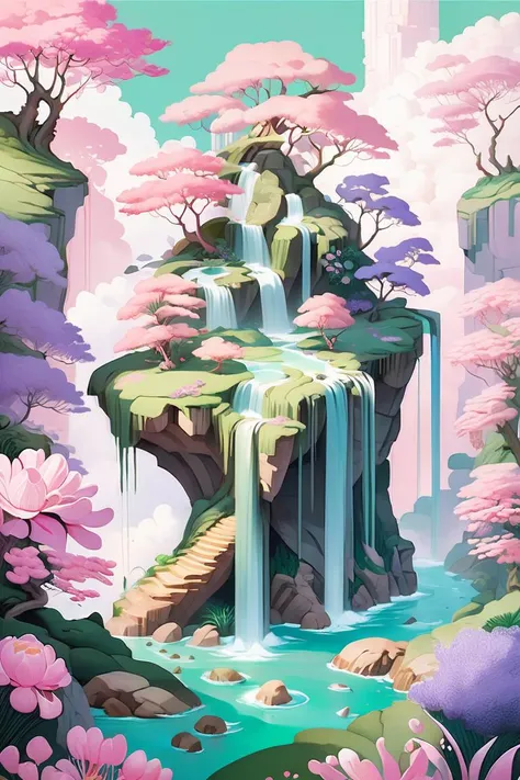 (Groundbreaking Painting:1.3) of (Masterpiece:1.3) of (A floating island landscape with cascading waterfalls and aerial flora. The color palette showcases dreamy pastels, including soft pinks, lavenders, and greens, evoking a sense of ethereal beauty), Amb...