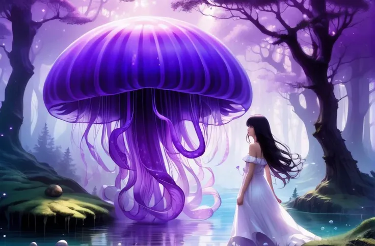 mysterious, fantasy, masterpiece, purple jellyfish,(jellyfishforest:1.4), 1girl, mushroom, dress, long hair, scenery, white dress, solo, nature, water, wading, outdoors, tree, standing, black hair, fantasy, forest