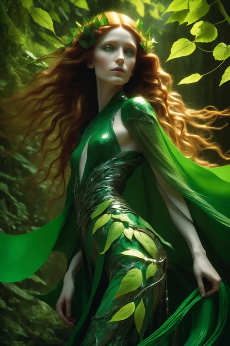 (Cinematic Photo:1.3) of (Realistic:1.3) of (A graceful elf adorned in a flowing emerald gown, with leaves and vines entwined in her hair. The color palette includes shades of green and earthy tones, evoking a sense of natural magic and tranquility), Volum...