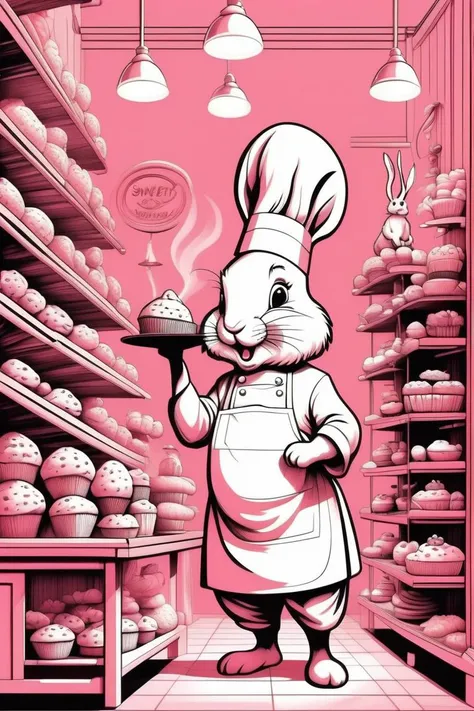 (intricate etched lineart:1.2) of (art by Jean Ignace Isidore Grandville:1.3)  of (Sweet Bunny Baker, A sweet bunny with a chefs hat, baking delicious treats. Bunny whites, bakery pastels, and sugary pinks. Sweet and joyful:1.3),character focus,  Natural L...